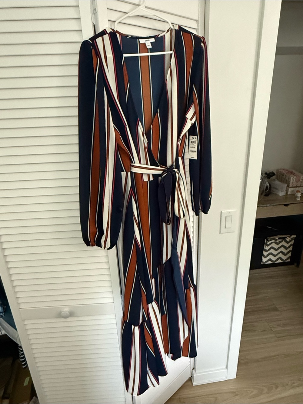 Bar III Navy, Rust and White Striped Midi Wrap Dress